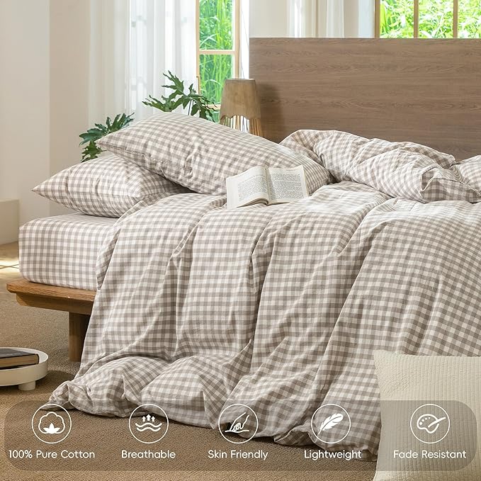 MooMee Gingham Duvet Cover Set 100% Washed Cotton Linen Like Textured Breathable Durable Soft Comfy Modern Checkered Design (Tannish Linen Grey Gingham, Full 80"x90")