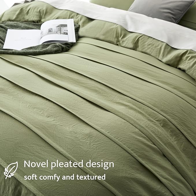 Oli Anderson Sage Green Duvet Cover Queen Size - Pleated Queen Duvet Cover, 3PCS Soft and Breathable Textured Bedding Set with Zipper Closure(Sage Green,90"x90")