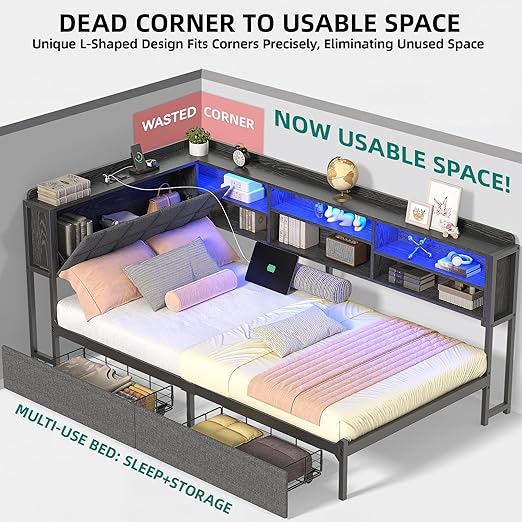 YITAHOME Twin Corner Bed Frame with Storage Drawers and Bookcase & Flip-up Storage Headboard, Twin Size Platform Corner Bed Frame with Charging Station and LED Lights, Twin Daybed for Dorm, Grey