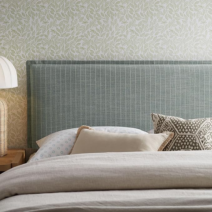 Modway Camille Queen Size Striped Linen Blend Pinstripe Headboard with Removable Slipcover – in Spa Blue Stripe - Padded Pillow Style Headboard with Adjustable Mounting for Queen Beds