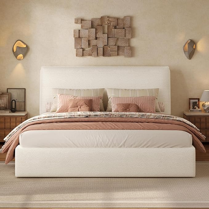 Christopher Knight Home Jamaiya Boucle Upholstered King Size Bed Frame with Wingback Headboard, Modern King Bed Frame and Headboard, Wooden Slats Support, Easy Assembly, No Box Spring Needed, White