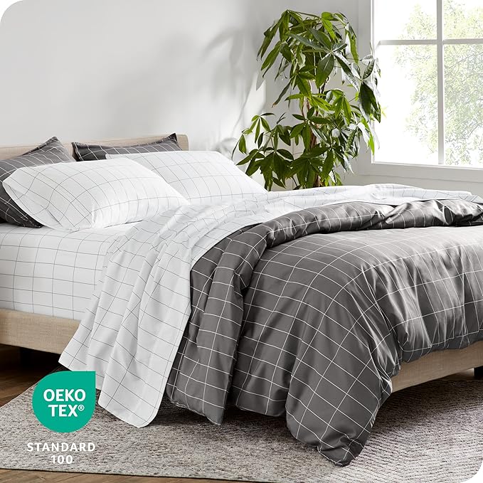 Bare Home Bedding Duvet Cover Queen Size - Premium 1800 Super Soft Collection - Lightweight, Duvet Cover - Soft Textured Bedding (Queen, Grid - Grey/White)
