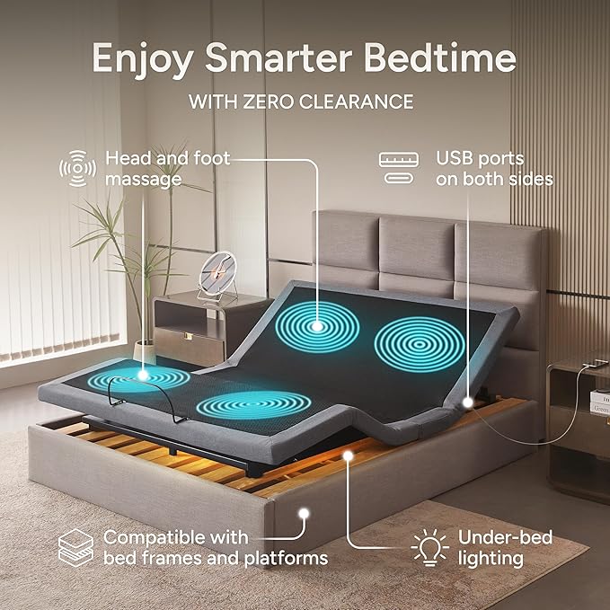 SFE Full Size Adjustable Bed Frame - Zero Clearance Smart Frame, Electric Massage, Wireless Remote for Head & Foot Lift, 3 Height-Adjustable Legs - Zero Gravity, Underbed Lights & 4 USB Ports