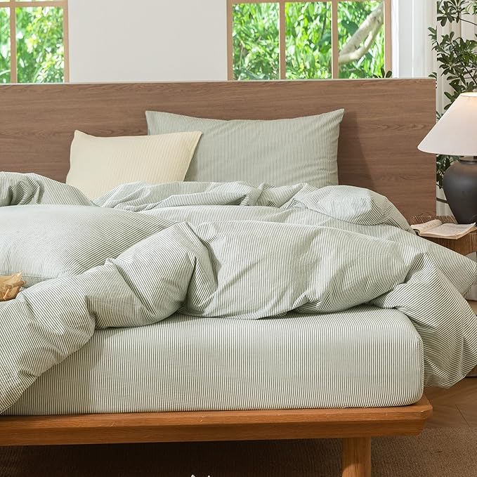 MooMee Striped Duvet Cover Set 100% Washed Cotton Linen Like Textured Breathable Durable Soft Comfy (Sage Green White Pinstripes, Super King 108"x98")