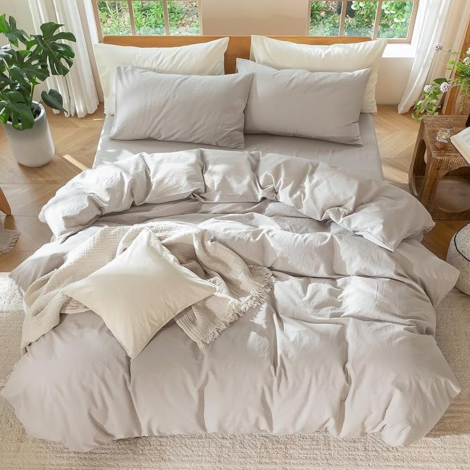 MooMee Bedding Duvet Cover Set 100% Washed Cotton Linen Like Textured Breathable Durable Soft Comfy (Heathered Cream Grey, Full 80"x90")