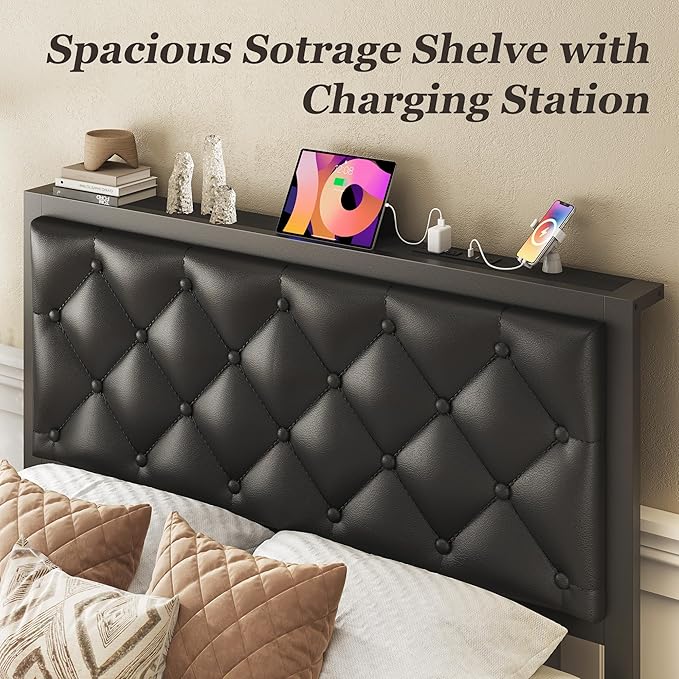 Fluest Twin Bed Frame with Storage Drawer, Upholstered Headboard Button Tufted Bed Frame with Charging Station, No Box Spring Needed, Noise-Free, All Metal Structure, Black