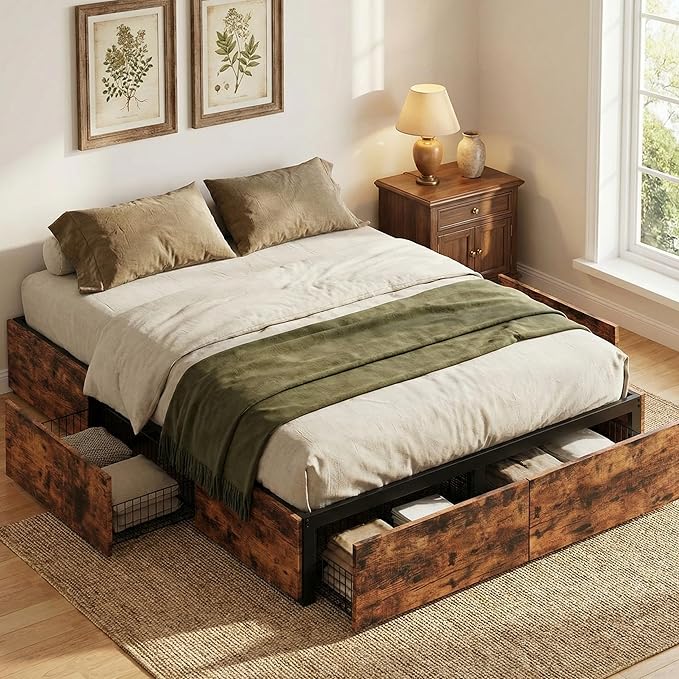 LIKIMIO Queen Bed Frame with Storage, 4 Drawers and Heavy Strong Metal Support Frames, Solid Stable, No Box Spring Needed, Noise-Free, Easy Assembly, Industrial Brown