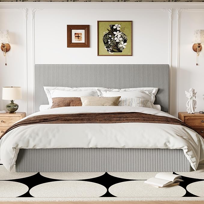 Allewie King Bed Frame, Upholstered Platform Bed, Adjustable Vertical Channel Tufted Headboard, Corduroy Fabric, Modern Low Profile, Wooden Slats, No Box Spring Needed, Easy Assembly, Light Grey