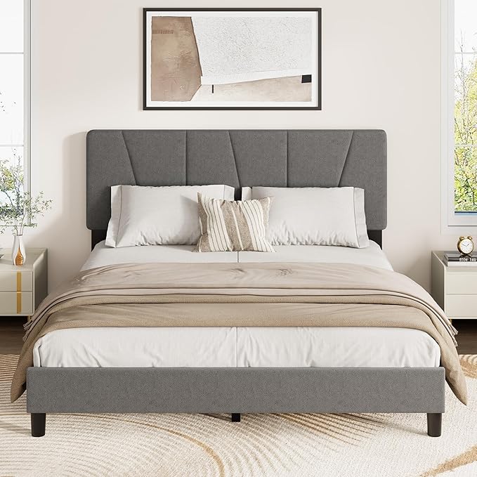 Full Size Upholstered Platform Bed Frame with Adjustable Headboard, Fits 8-14 Inch Mattress, Heavy Duty Bed Frame with Wooden Slats Support, Noise-Free, Non-slip, No Box Spring Needed, Easy Assembly