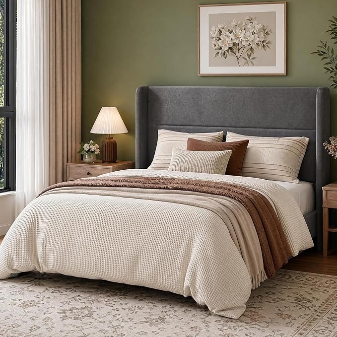 Garvee Queen Size Bed Frame with Wingback Headboard, Velvet Upholstered Platform Bedframe with Wood Slats, No Box Spring Needed, Easy Assembly, Grey
