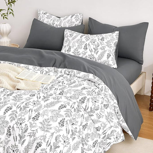 Wake In Cloud - Floral Duvet Cover Set, Botanical Vintage Flower Coquette Cottagecore Aesthetic for Women Teen Girls, Soft Lightweight Bedding, 3-Piece, Charcoal, Queen Size