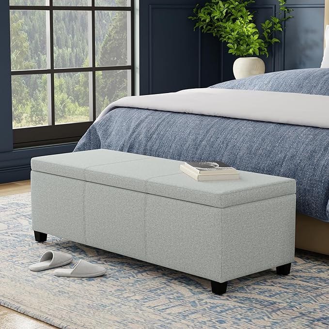 SIMPLIHOME Avalon Storage Ottoman Bench - 48" Wide x 16" High Upholstered Linen Look Fabric Rectangular Lift-Top Ottoman in Light Stone Grey, Transitional Bench for Living Room with High-Density Foam