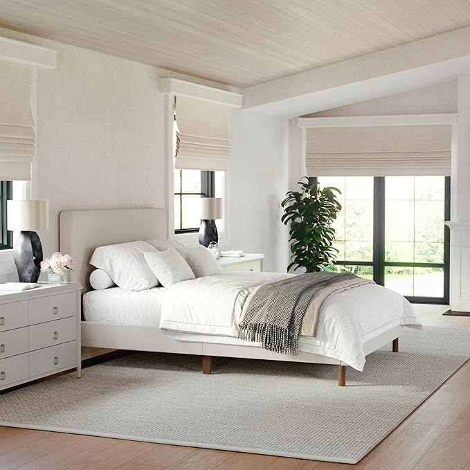 Martha Stewart Britta Platform Bed with Headboard & Footboard, Faux Linen Upholstery with Piping Detail, Rounded Headboard, No Box Spring Needed, Full, Beige