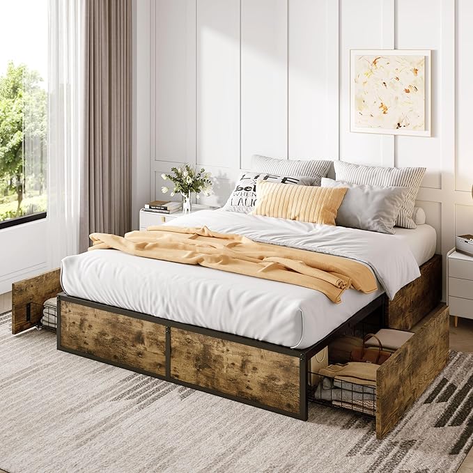 SHA CERLIN Queen Platform Bed Frame with 2 Large Storage Drawers, Rustic Wood and Metal, Noise-Free, Easy Assembly, No Box Spring Needed, Brown