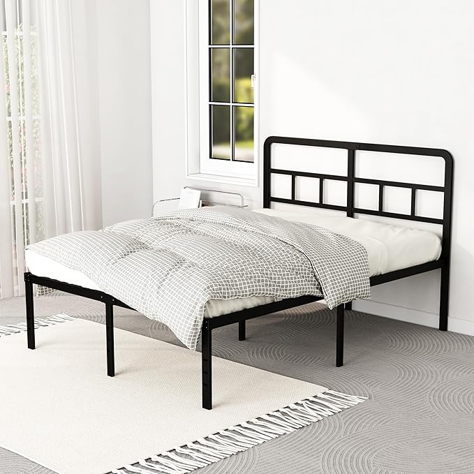 DiaOutro 18 Inch Full Size Bed Frame with Headboard No Box Spring Needed, Heavy Duty Metal Platform with Steel Slat, Mattress Foundation, Easy Assembly, Noise Free, Black