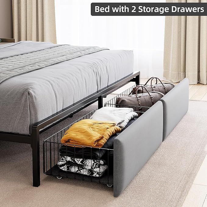 IDEALHOUSE King Size Bed Frame with Storage Headboard and 2 Drawers, Platform Metal King Bed Frame with LED Lights and Charging Station, Noise Free, No Box Spring Needed, Grey
