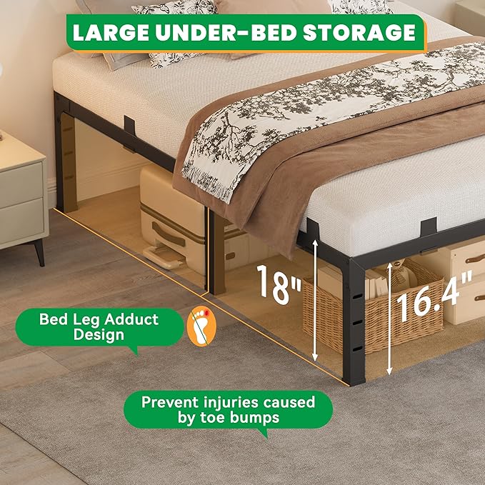 18 Inch Cal King Bed Frames, Heavy Duty Metal California Platform 3500 lbs Capacity, No Box Spring Needed, 6 Mattress Slide Stopper, Headboard Holes, Noise-Free, Easy Assembly, Black