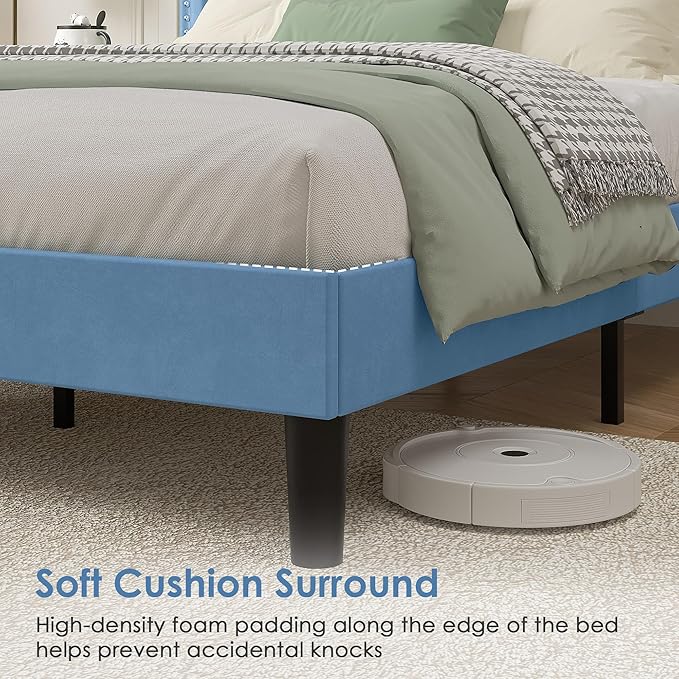 VECELO Queen Size Platform Bed Frame with Height Adjustable Upholstered Headboard, Modern Mattress Foundation,Strong Wood Slat Support, No Box Spring Needed, Easy Assembly,Light Blue