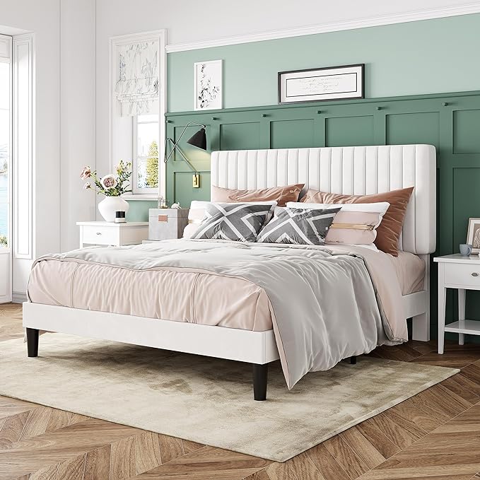 Allewie Full Bed Frame, Velvet Upholstered Platform Bed with Adjustable Vertical Channel Tufted Headboard, Mattress Foundation with Strong Wooden Slats, Box Spring Optional, Easy Assembly, Off-White