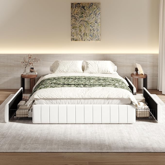SHA CERLIN Queen Size Velvet Upholstered Platform Bed Frame with 4 Storage Drawers, Vertical Channel Tufted, Low Profile, Fits Standard Headboards, Wooden Slats Support, Easy Assembly, White