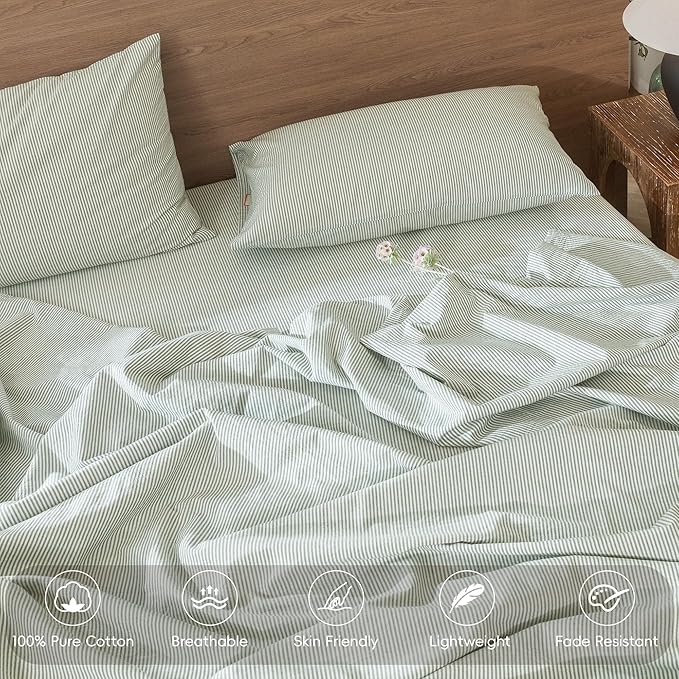 MooMee Striped Duvet Cover Set 100% Washed Cotton Linen Like Textured Breathable Durable Soft Comfy (Sage Green White Pinstripes, Alaska King 132"x120")