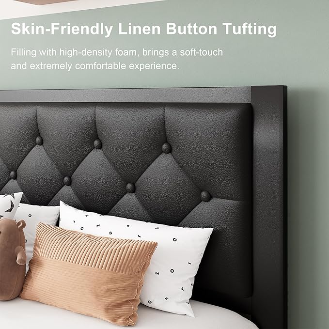 Feonase Twin Size Metal Bed Frame with Faux Leather Button Tufted Headboard, Heavy-Duty Platform Bed Frame with 12" Storage, Steel Slats Support, No Box Spring Needed, Noise Free, Matte Black