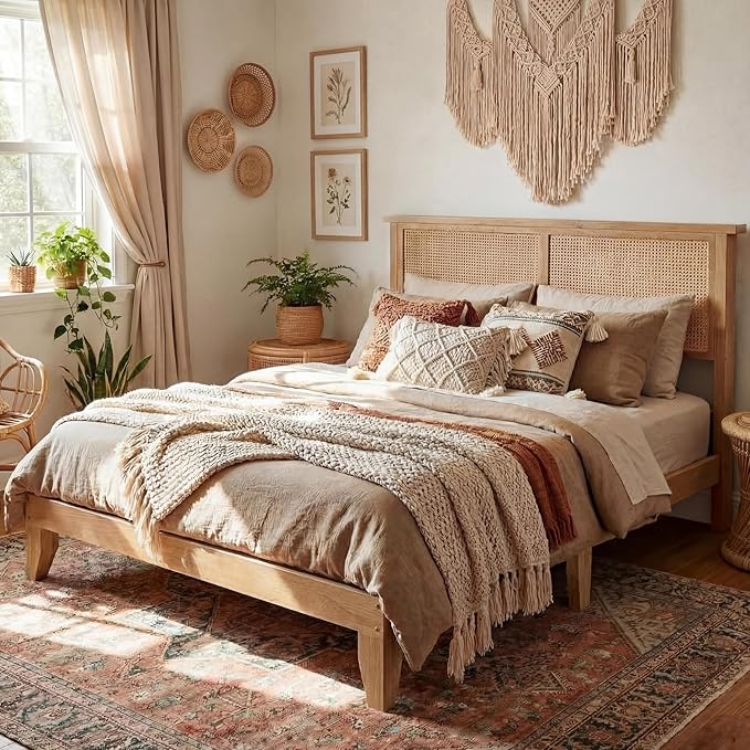 GAOMON Full Rattan Bed Frame with Natural Rattan Headboard, Full Size Platform Bed Frame with LED Lights, Mattress Foundation, Noise-Free, No Box Spring Needed