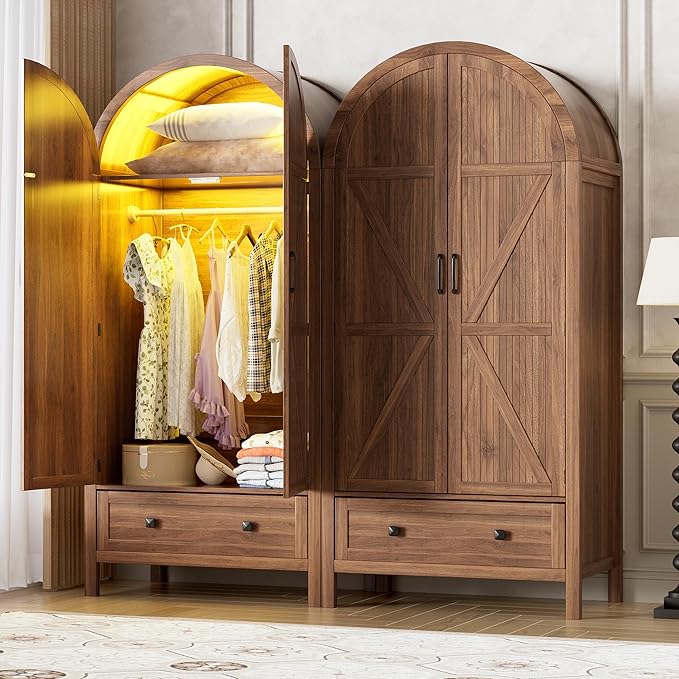 PAKASEPT Armoire Wardrobe Closet with Drawers and 2 Arched Fluted Doors, 70.9‘’ Tall Wooden Bedroom Armoires with LED Light & Shelves and Hanging Rod(Brown)