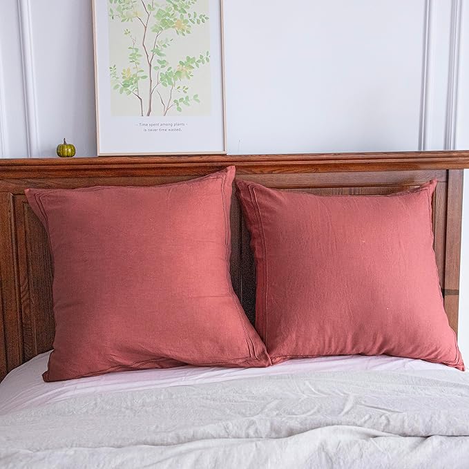 Simple&Opulence 100% French Linen Euro Shams with Embroidery (26'' x 26'') - Pack of 2 - Pre Washed Solid Color Natural Flax Soft Breathable - Coral Red