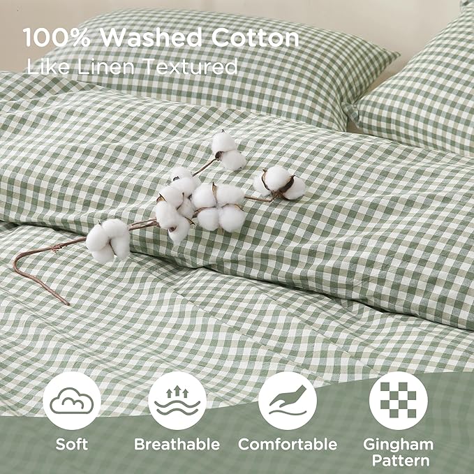 TOCOMOA Green Gingham Duvet Cover Bedding Set 100% Washed Cotton Like Linen Feel Super Soft Comfortable 3 Piece Plaid Checkered Comforter Cover Set (California King 104"x98", Comforter Not Included)