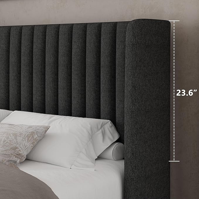 Feonase Queen Size Lift Up Storage Bed Frame, Linen Upholstered Platform Bed with Wingback Headboard, Hydraulic Storage, No Box Spring Needed, Dark Gray