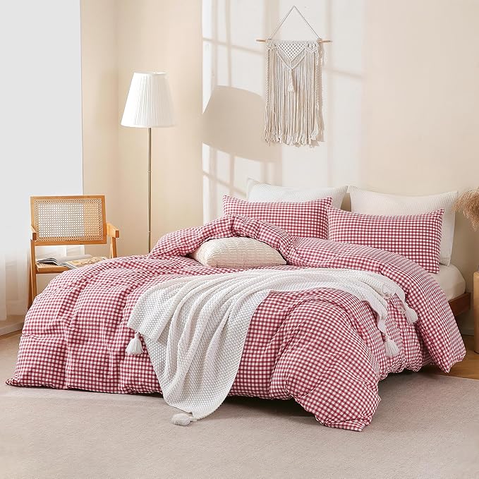 TOCOMOA Red Gingham Duvet Cover Bedding Set 100% Washed Cotton Like Linen Feel Super Soft Comfortable 3 Piece Cute Plaid Checkered Comforter Cover Set (King 104"x90", Comforter Not Included)