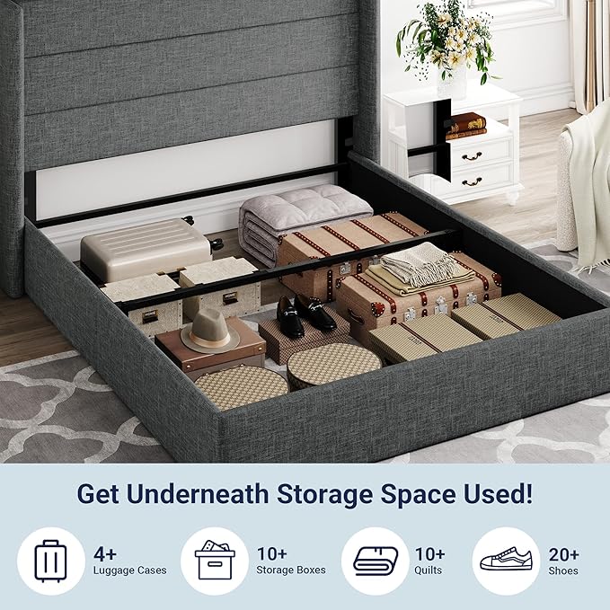 Allewie Full Size Lift Up Storage Bed, Modern Wingback Headboard, Hydraulic Support, No Box Spring Needed, Dark Grey