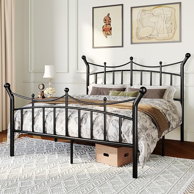 Allewie 14 Inches Full Size Metal Platform Bed Frame with Elegant Crown Iron-Art Headboard & Footboard, Sturdy Mattress Foundation with Under-Bed Storage, Easy Assembly, No Box Spring Needed, Black