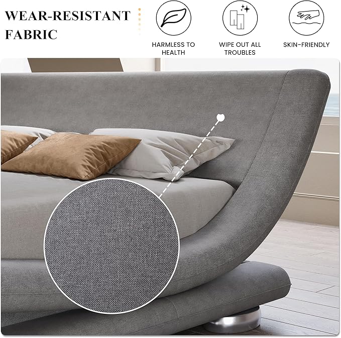 SHA CERLIN King Size Upholstered Bed Frame, Deluxe Low Profile Sleigh Bed with Linen Ergonomics Headboard, No Box Spring Needed & Easy Assembly, Grey