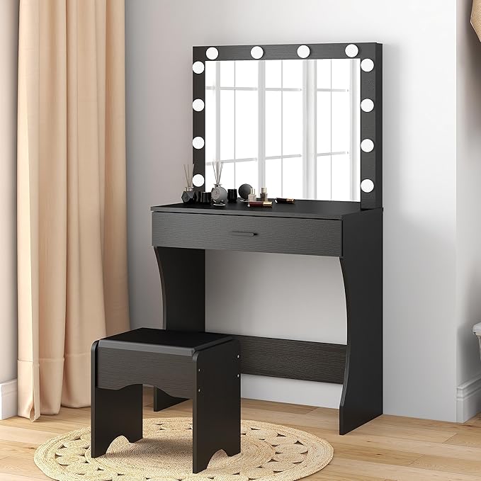 Panana Vanity Desk with Mirror and Lights, Black, Medium Size, Tabletop Mount, Makeup Vanity Table with Stool, Bedroom