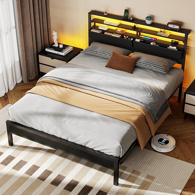 Furnulem Queen Bed Frame with Headboard, 3-Tier Storage Shelves & 2 Fabric Drawers, Built-in Charging Station & RGB LED Lights, Metal Slat Support, No Box Spring Needed, Easy Assembly, Black Oak