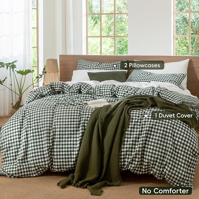 MooMee Gingham Duvet Cover Set 100% Washed Cotton Linen Like Textured Breathable Durable Soft Comfy Modern Checkered Design (Forest Green Gingham, Palatial King/Oversized King 120"x98")
