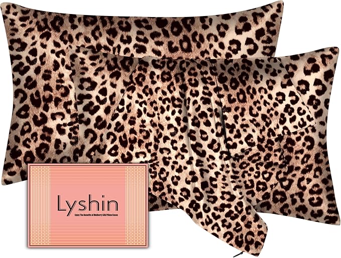 Silk Pillow Cases 2 Pack King Size with Hidden Zipper, Mulberry Silk Pillowcase for Hair and Skin, Smooth and Soft Breathable Cooling Silk Satin Pillowcase Set of 2, Gifts for Women，Leopard Brown