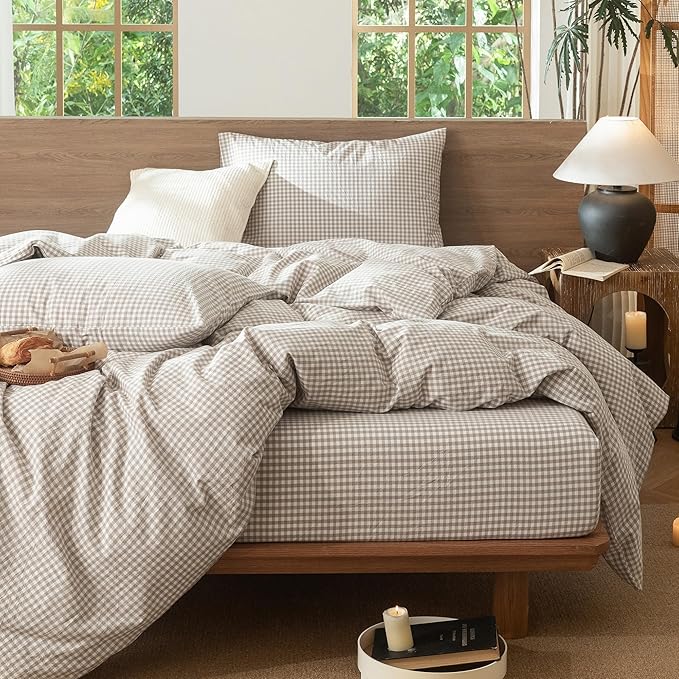 MooMee Gingham Duvet Cover Set 100% Washed Cotton Linen Like Textured Breathable Durable Soft Comfy Modern Checkered Design (Mini Gingham Tannish Linen Grey, Full 80"x90")