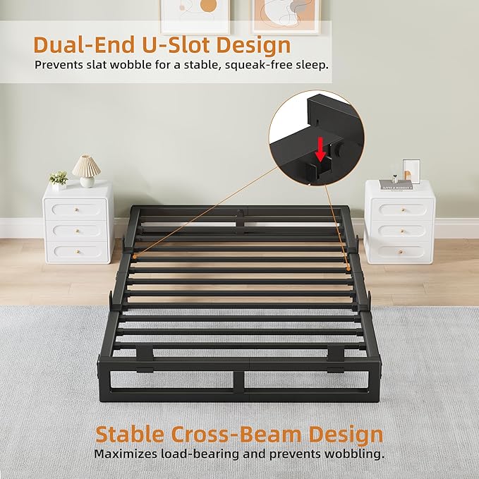 Twin Bed Frames, 6 Inch Metal Platform Bed Frame with Squeak Free U-Slot Design, 6 Non-Slip Guards, 3500lbs Heavy Duty Steel Slat Support, No Box Spring Needed, Under Bed Storage, Black