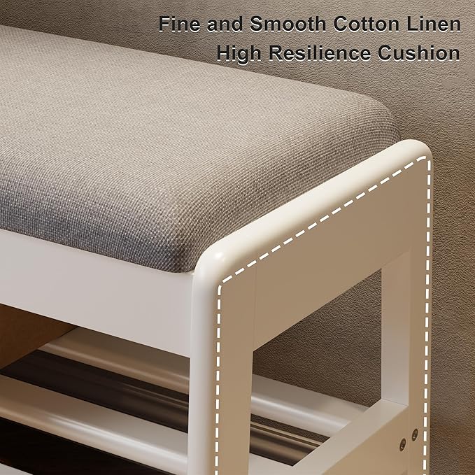 AQIMUELE Shoe Rack Bench,2 Tiers Shoe Bench with Storage with Flip-Top,Wood Shoe Rack for Entryway,Hallway（White Upholstered Seat,11.8" D x 31.5" W x 15.7" H）