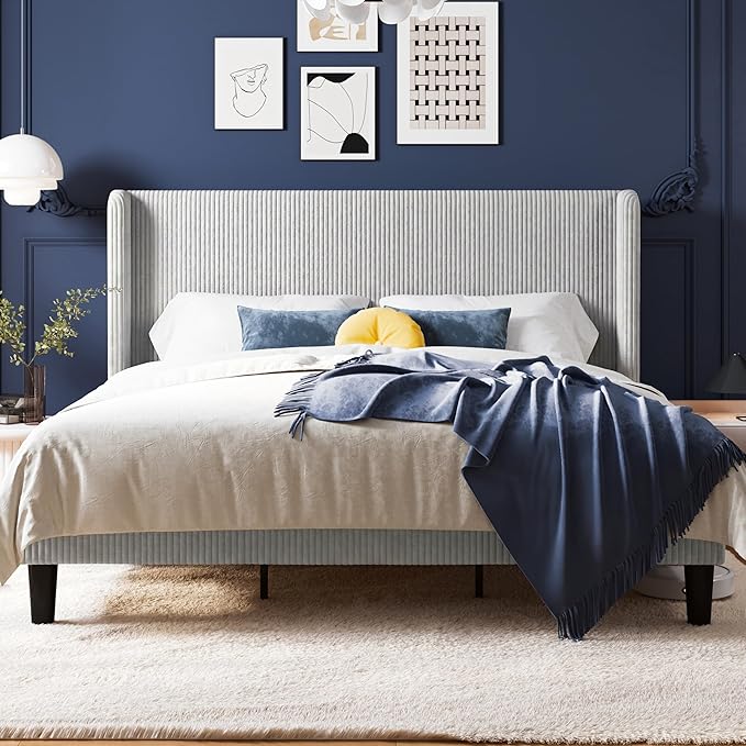 Allewie King Size Bed Frame with Upholstered Wingback Headboard, Vertical Channel Tufted Corduroy Velvet Platform Bed, Strong Wooden Slats Support, No Box Spring Needed, Easy Assembly, Light Grey
