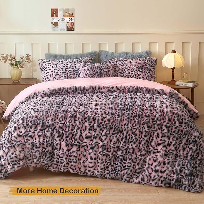 LIFEREVO Leopard Print Fluffy Faux Rabbit Fur Body Pillow Cover 20"x 54", Cheetah Print Waffle Bubble Bed Pillowcase with Zipper, Long Fuzzy Furry Body Pillow Case for Bedroom Pregnant Women, Pink