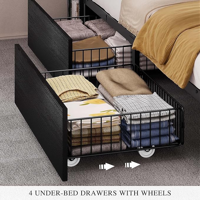 YITAHOME Queen Size Bed Frame with Bookcase Headboard and 4 Storage Drawers, RGB LED Bed Frame with Type-C & USB Charging Station Storage Headboard Bed, No Box Spring Needed, Noise Free, Black