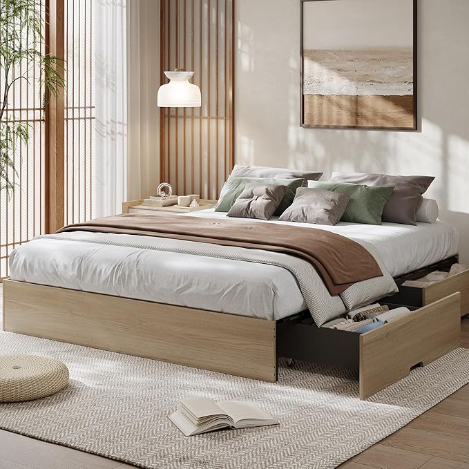 GarveeHome California King Wood Platform Bed Frame with 2 Storage Drawers, Wooden Bed Frame Without Headboard, Wood Slat Support, No Box Spring Needed, Easy Assembly