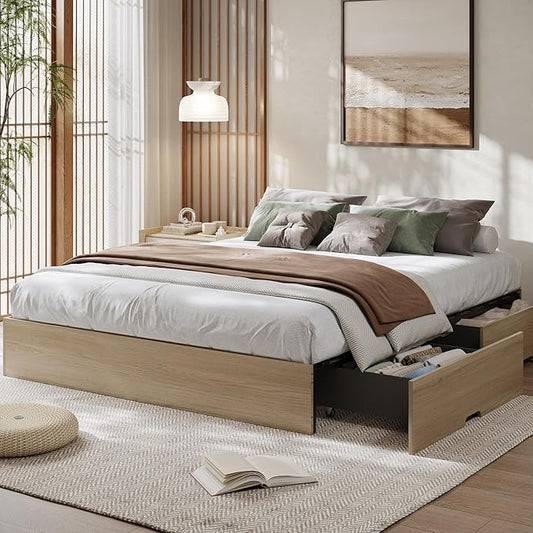 GarveeHome Queen Size Wood Platform Bed Frame with 2 Storage Drawers, Wooden Bed Frame Without Headboard, Wood Slat Support, No Box Spring Needed, Easy Assembly
