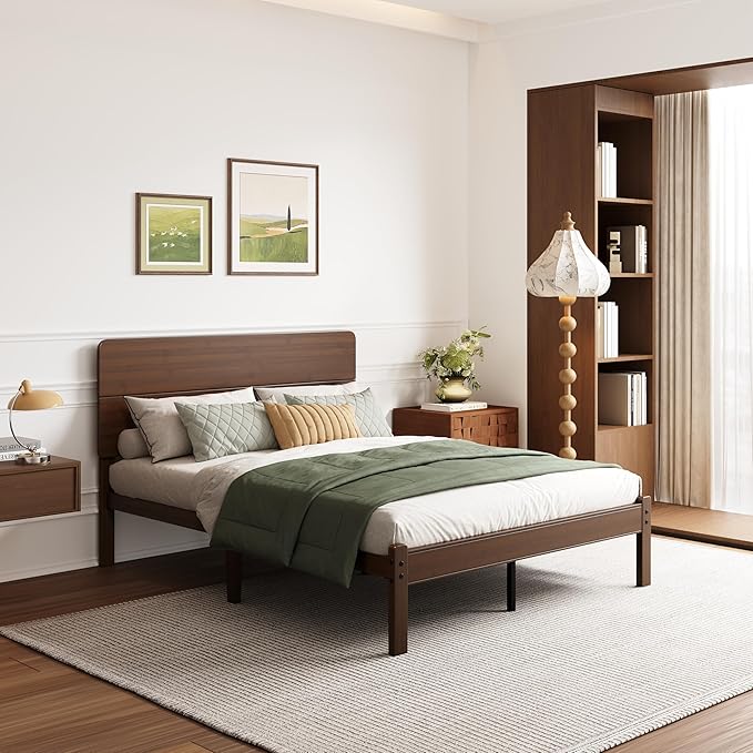 BOSRII 14in High Solid Bamboo Wood Platform Queen Size Bed Frame with Headboard, Reinforced Heavy Duty Metal Slats, Noise Free, No Box Spring Needed, Easy Assembly, Walnut