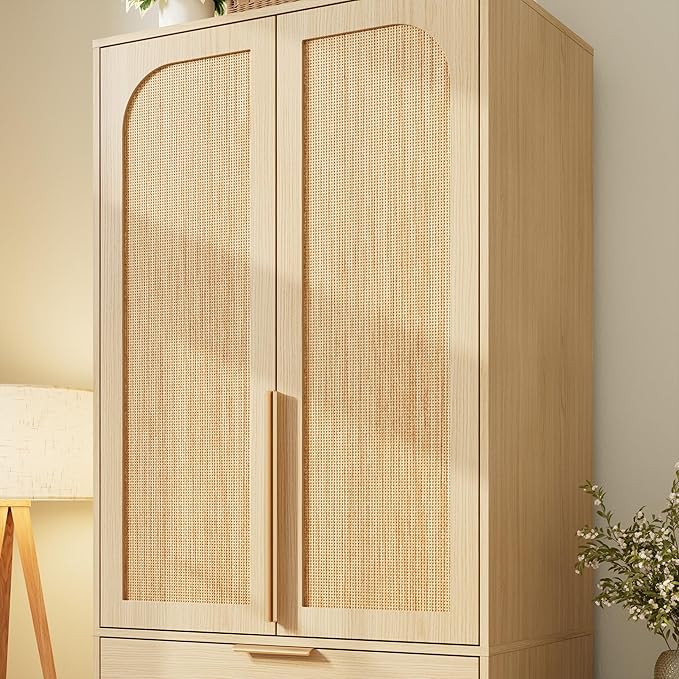 GarveeHome Armoire Wardrobe Closet, 69.5 in Wooden Wardrobe Cabinet with 3 Drawers, Hanging Rod, 2 Doors Clothing Storage Cabinet for Bedroom, Large Capacity Storage, Rattan Door, Natural