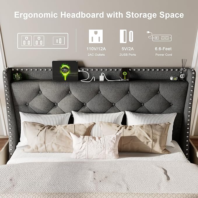 Feonase Queen Bed Frame with Luxury Wingback and Fast Charging Station,Upholstered Button Tufted Storage Headboard Queen Platform Bed,Sturdy Wooden Slats Support,Noise-Free,Easy Assembly,Dark Gray
